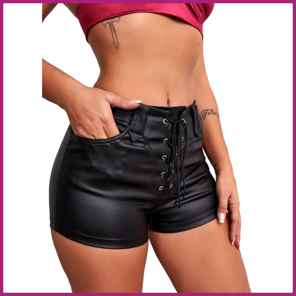 Faux Leather High Waisted Shorts Drawstring Lace Up Festival Rave